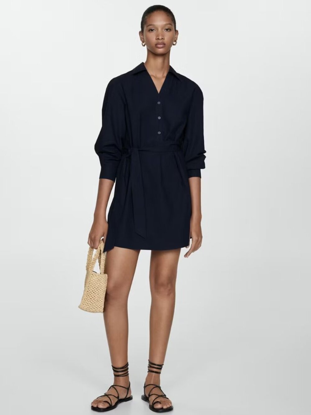 NWOT Mango Bow Shirt Dress in Dark navy Sz 4